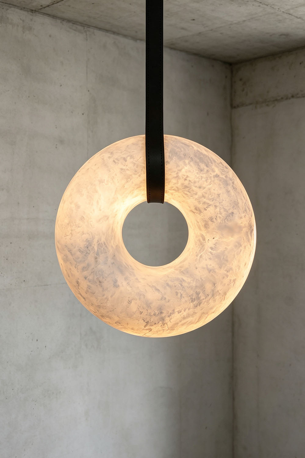 Nerissa Alabaster Ring Leather Pendant Light | Natural Alabaster, Leather and Brass | Studio view of single disc pendant displayed against a concrete wall | Samu Lamp