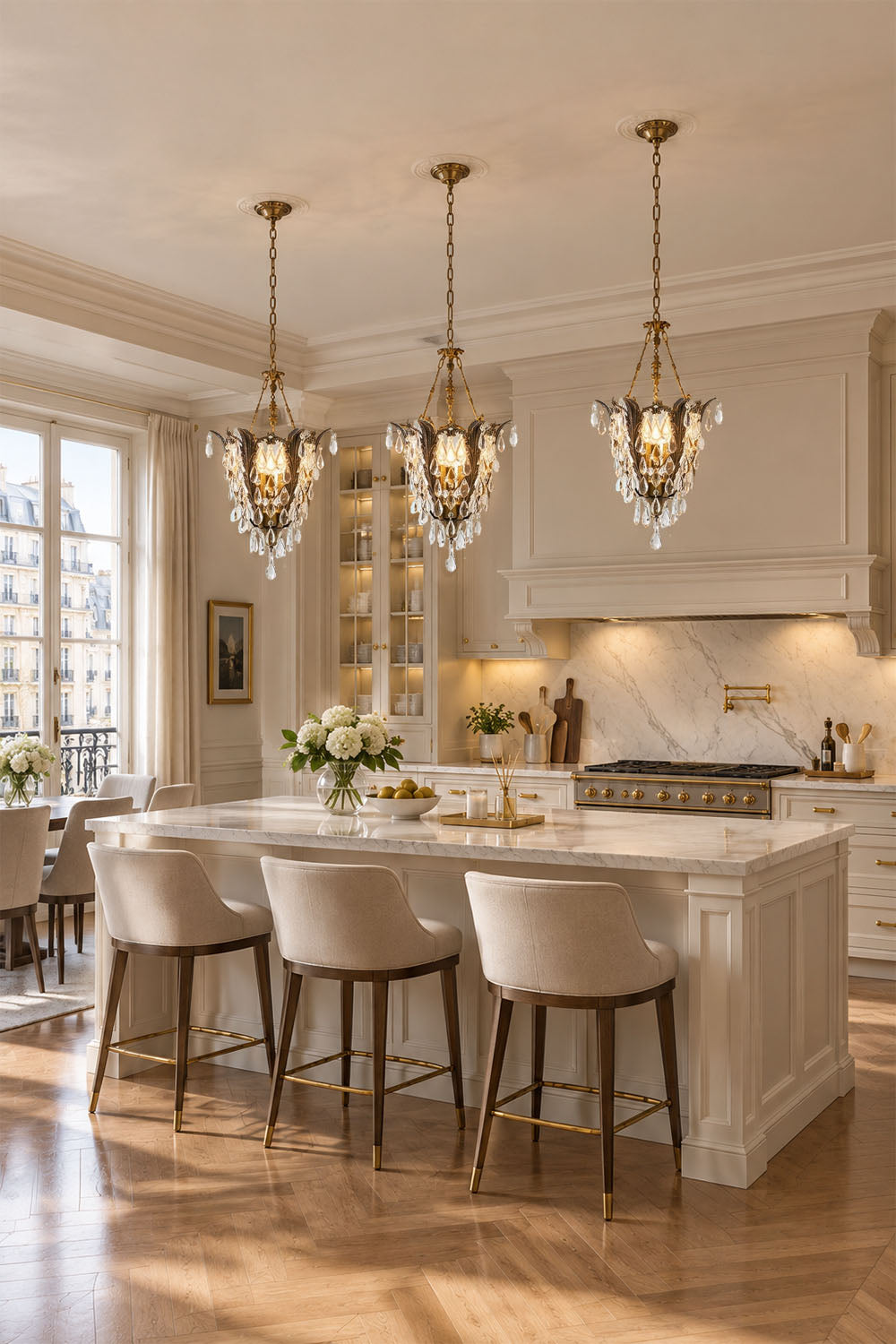 Ninon Crystal Basket Brass Pendant Light illuminating a stylish kitchen with a modern bar and dining area.