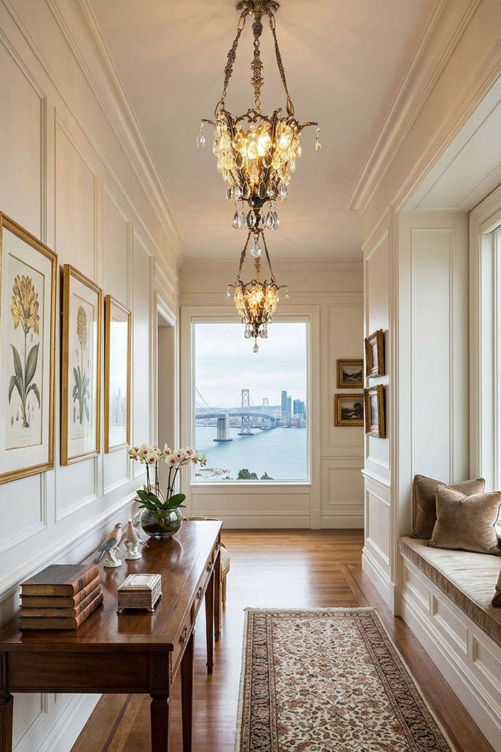 Ninon Crystal Basket Brass Pendant Light illuminating a stylish hallway with elegant decor and a scenic view.