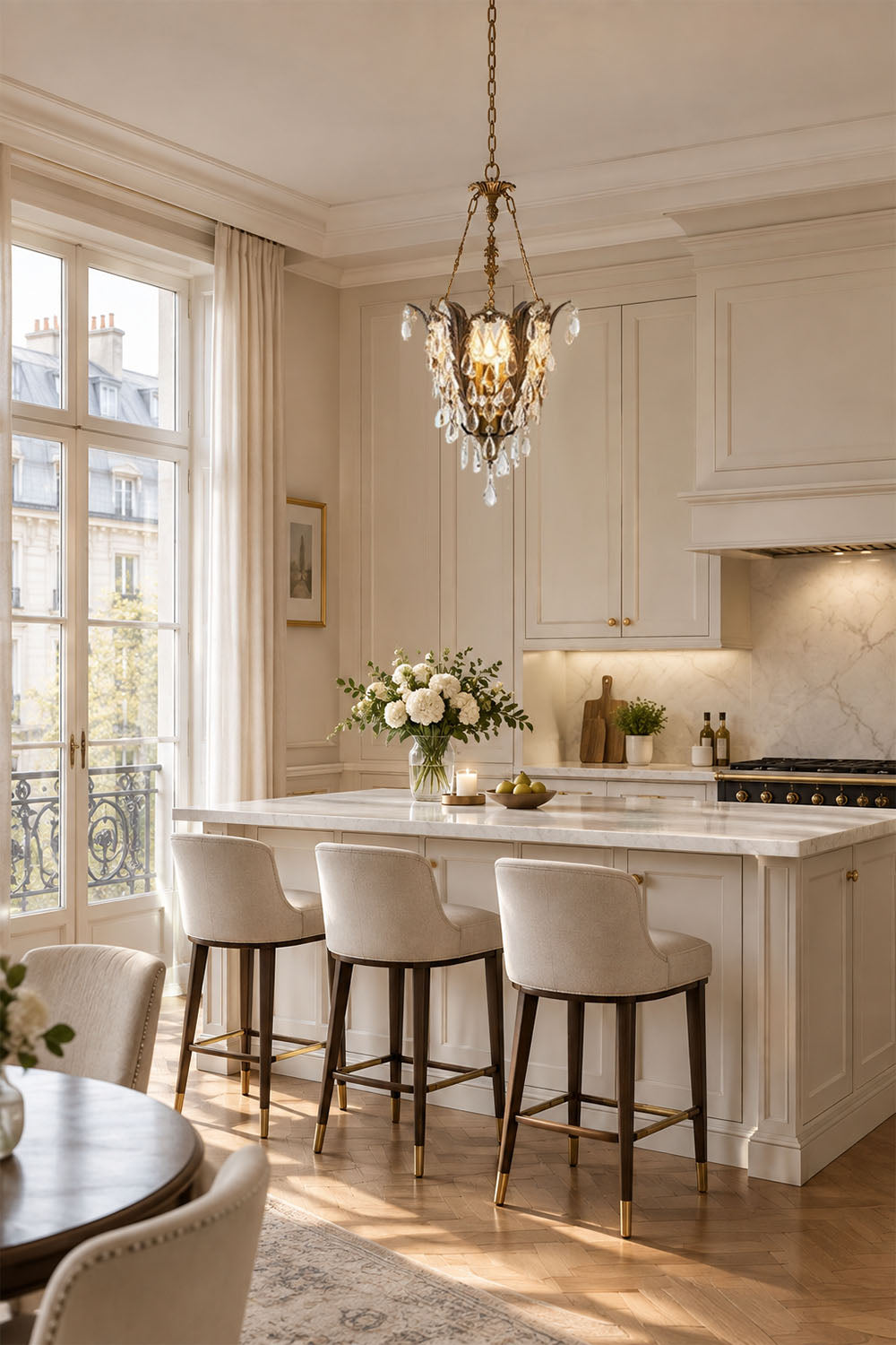 Ninon Crystal Basket Brass Pendant Light illuminating a stylish kitchen with white cabinets and a marble island.
