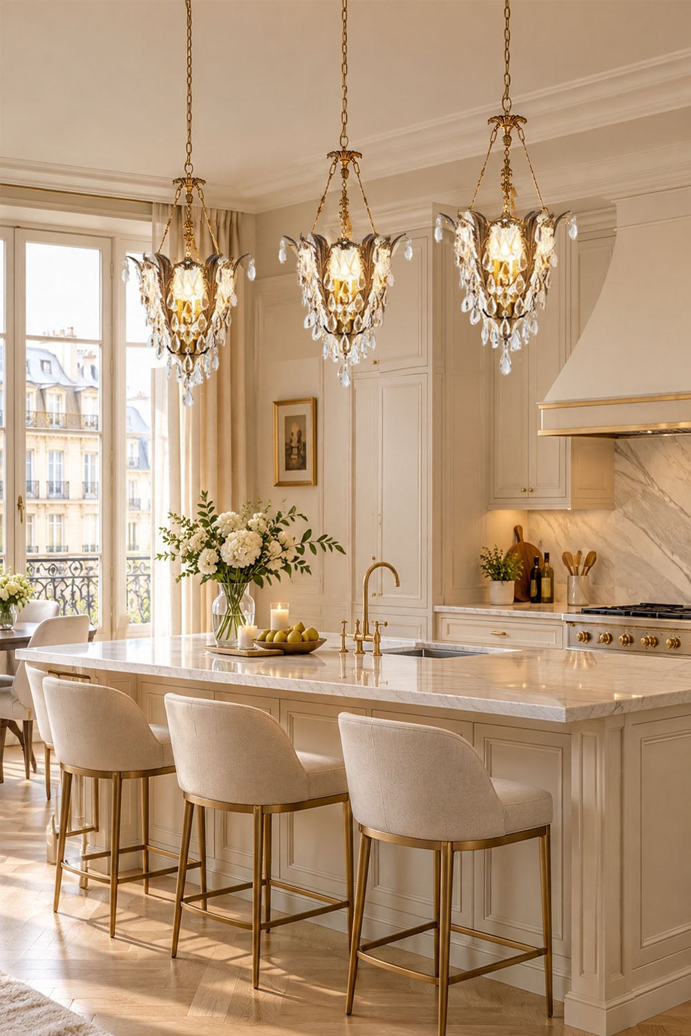 Ninon Crystal Basket Brass Pendant Light illuminating a modern kitchen with elegant decor and seating.