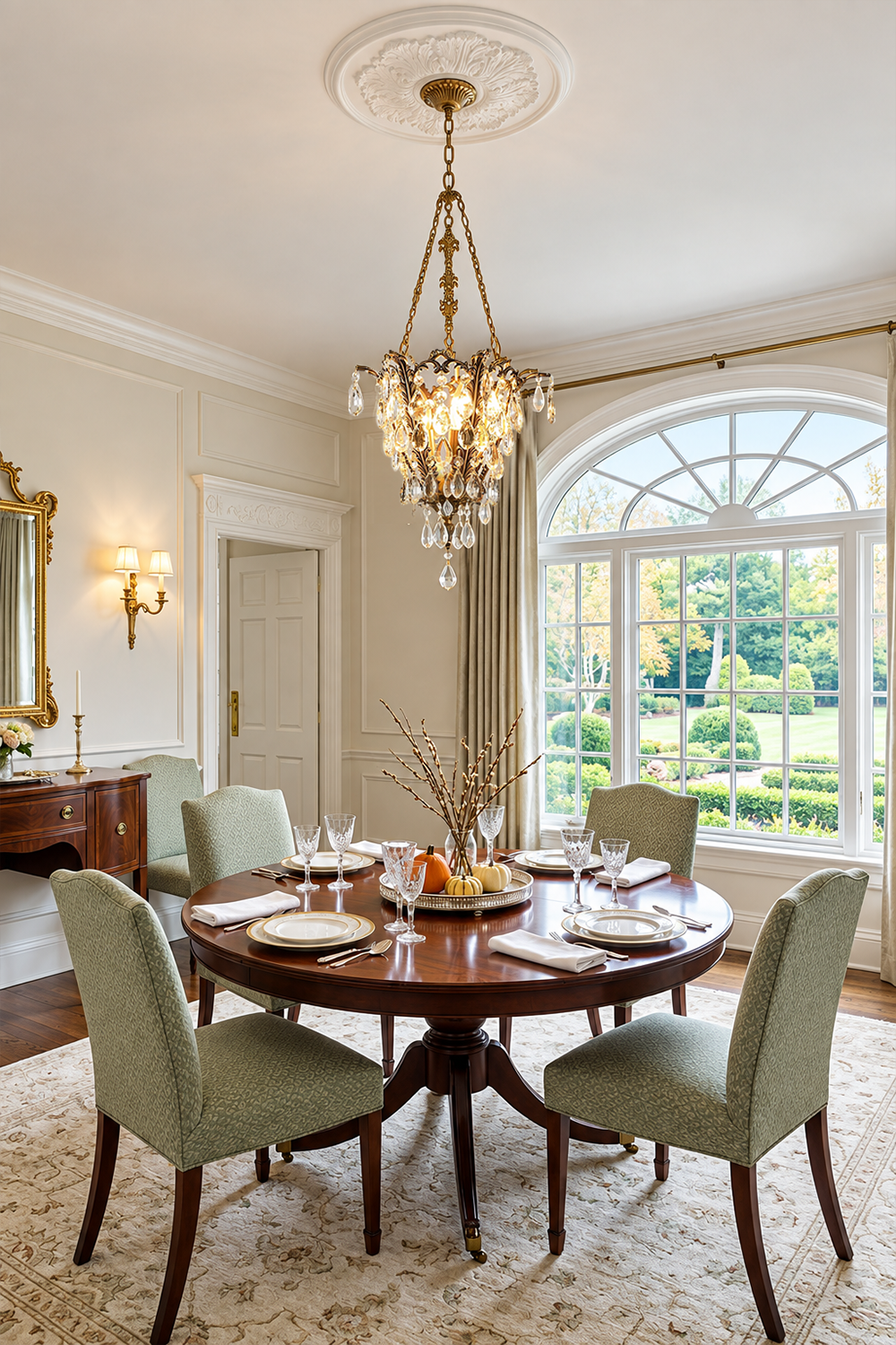 Elegant dining room featuring a Ninon Crystal Basket Brass Pendant Light, round wooden table, and green upholstered chairs.