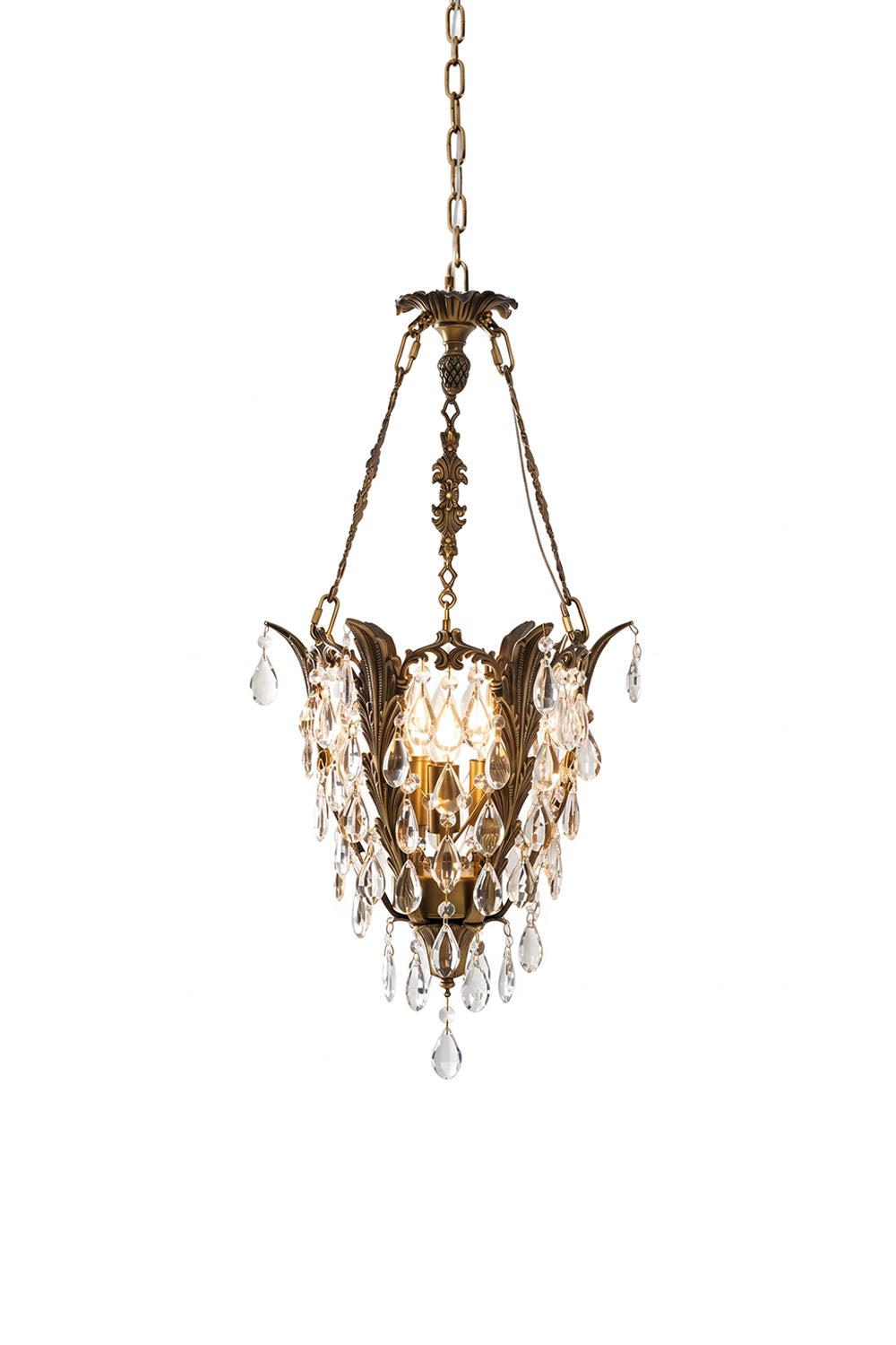 Ninon Crystal Basket Brass Pendant Light showcasing elegant crystal detailing and a vintage brass finish.