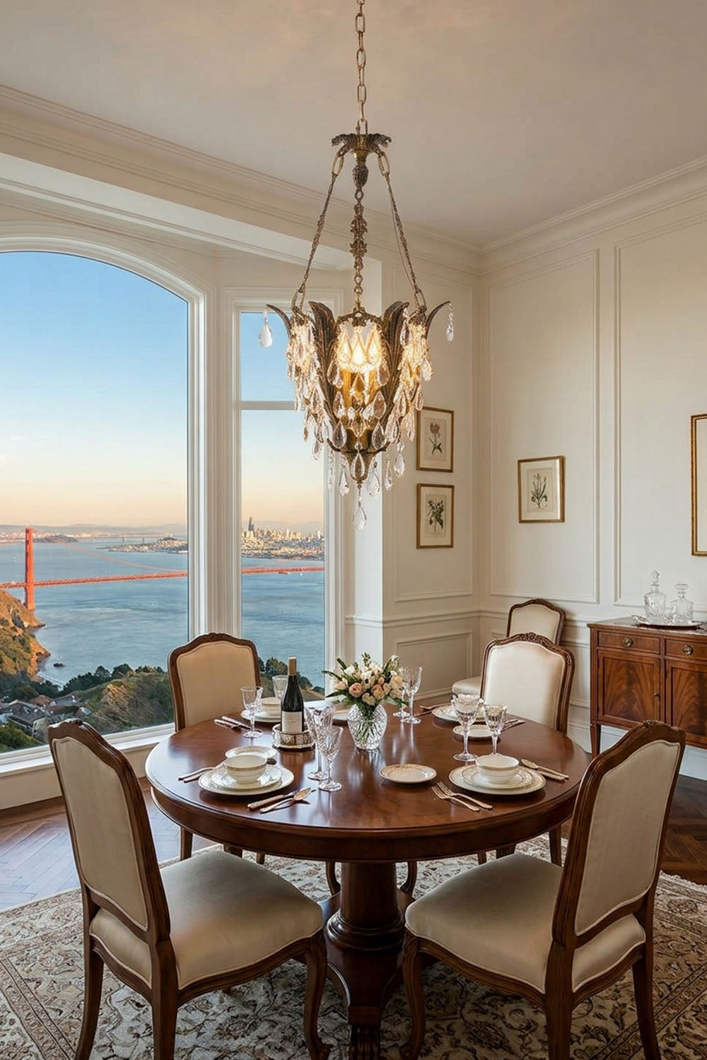 Ninon Crystal Basket Brass Pendant Light illuminating a stylish dining area with a view of the Golden Gate Bridge.