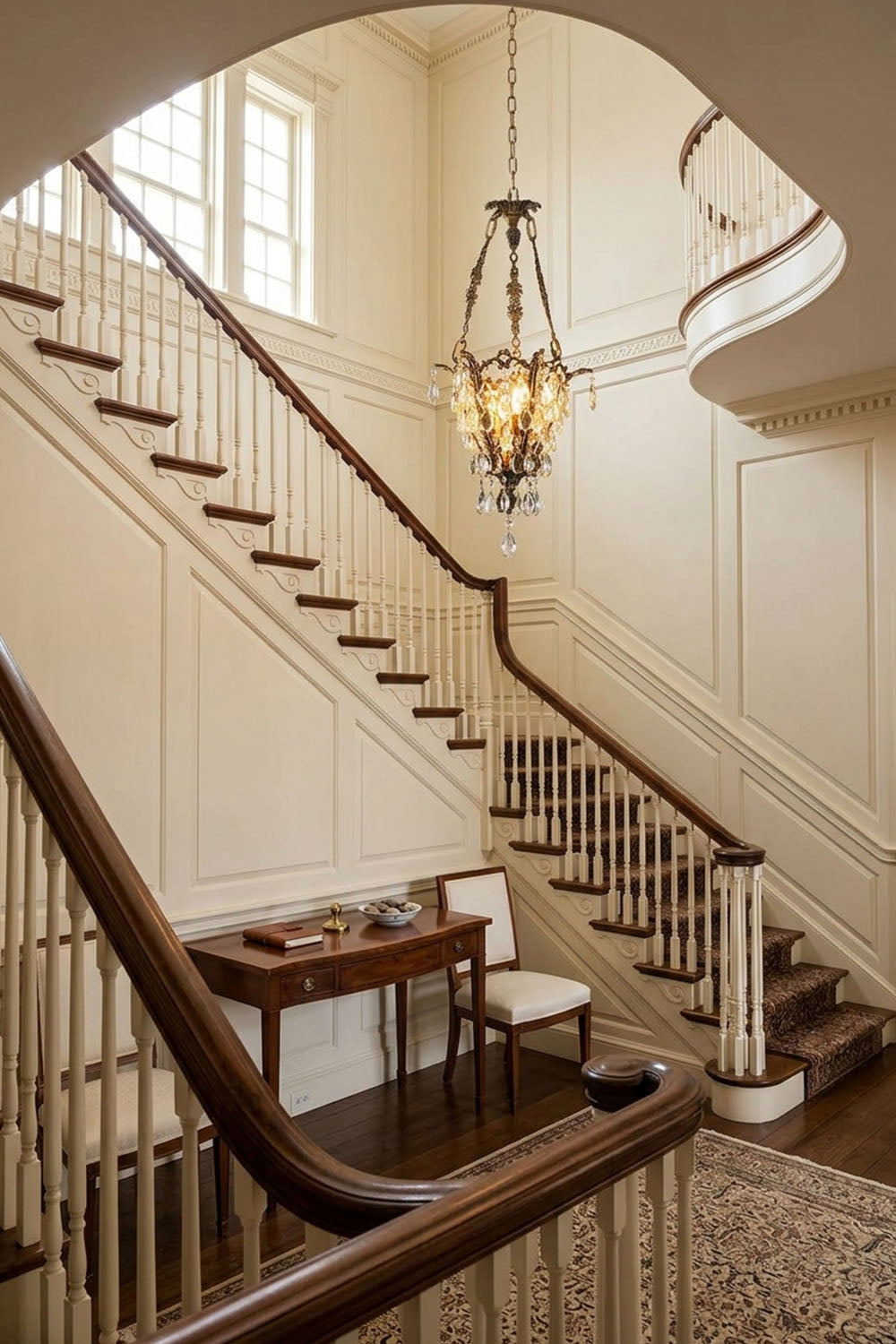 Elegant hallway with a Ninon Crystal Basket Brass Pendant Light illuminating the staircase and wooden furnishings.