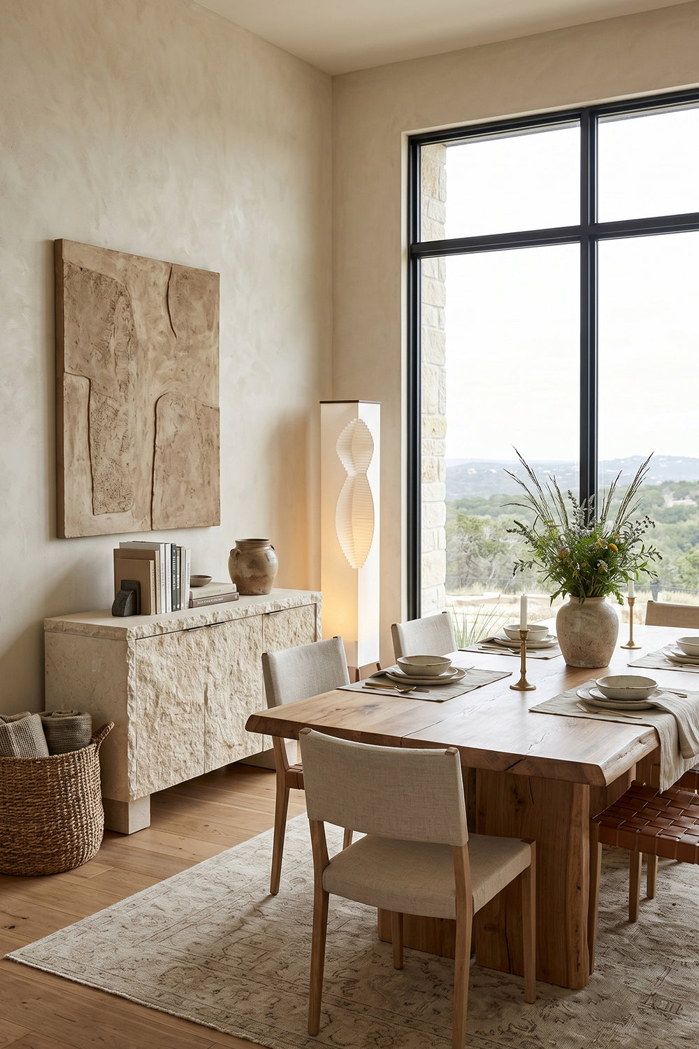Nori Sculptural Leaf Floor Lamp | Fabric, Wood | Installed as decorative accent lighting in a rustic dining room next to a long wood table and credenza | Samu Lamp