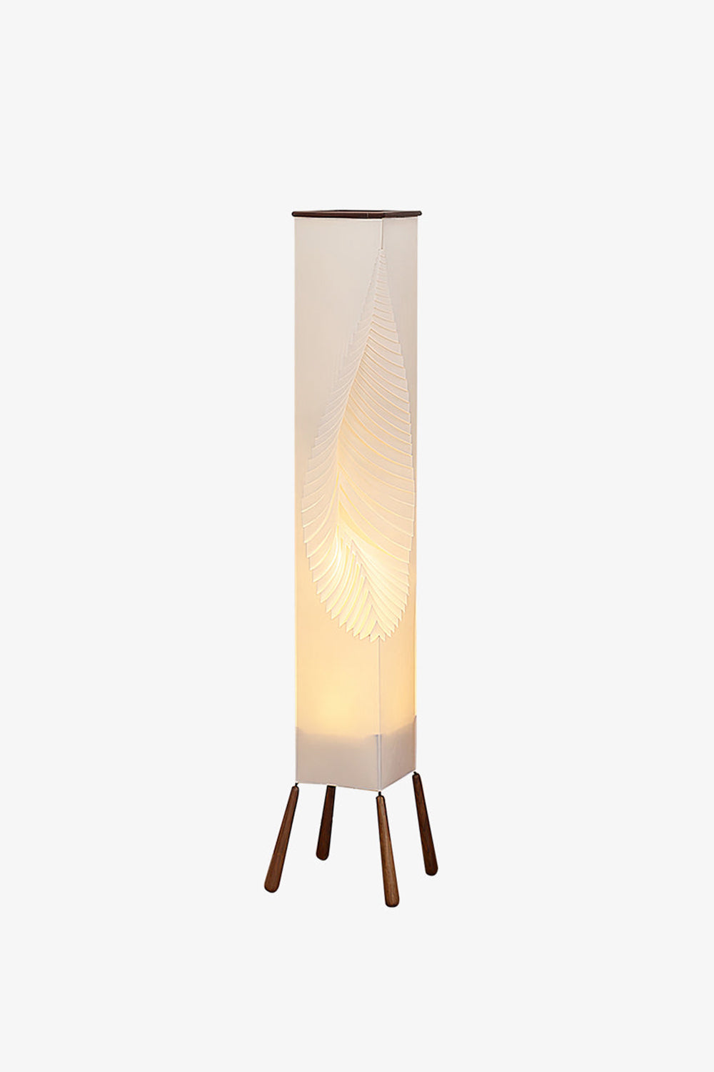 Nori Sculptural Leaf Floor Lamp | Fabric, Wood | Front centered studio shot showcasing the full vertical geometric silhouette of the unlit leaf lamp | Samu Lamp