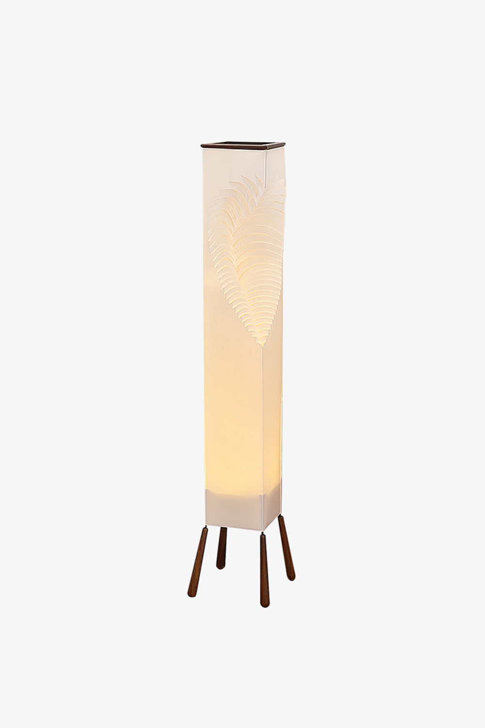 Nori Sculptural Leaf Floor Lamp | Fabric, Wood | Front centered studio shot showcasing the full vertical geometric silhouette of the unlit leaf lamp | Samu Lamp