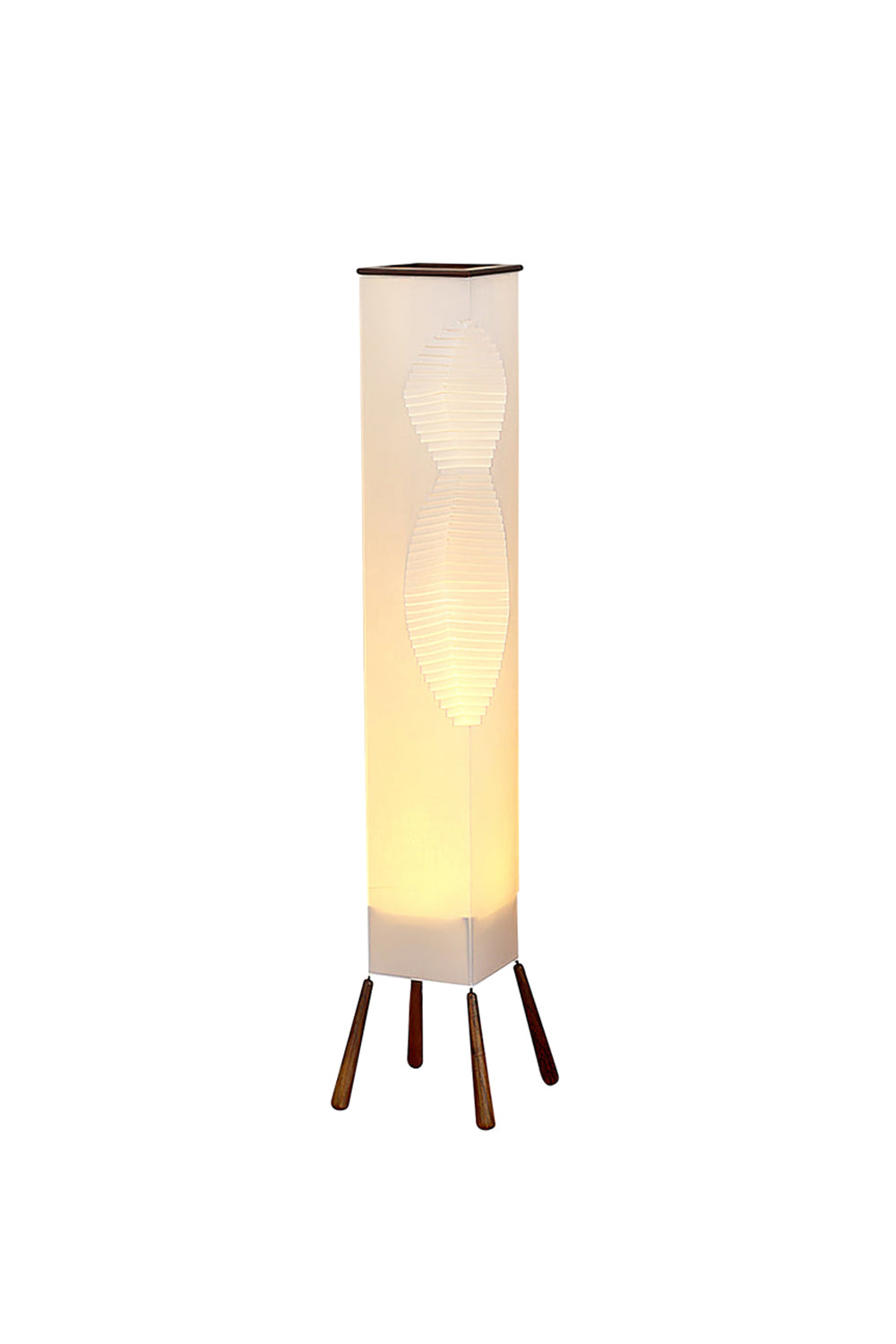 Nori Sculptural Leaf Floor Lamp | Fabric, Wood | Tall minimalist column floor lamp featuring a wavy sculptural leaf-like shade casting a warm glow on a four-legged wood tripod base | Isolated lit product shot on white background | Samu Lamp
