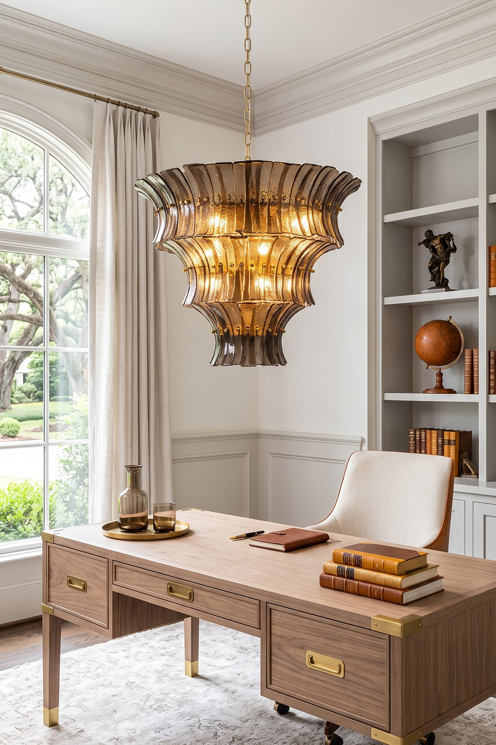 Octavia Sculptural Smoked Glass Chandelier | Home Office Lighting | Suspended as a sophisticated statement light in a refined home study above a large wood executive writing desk | Samu Lamp