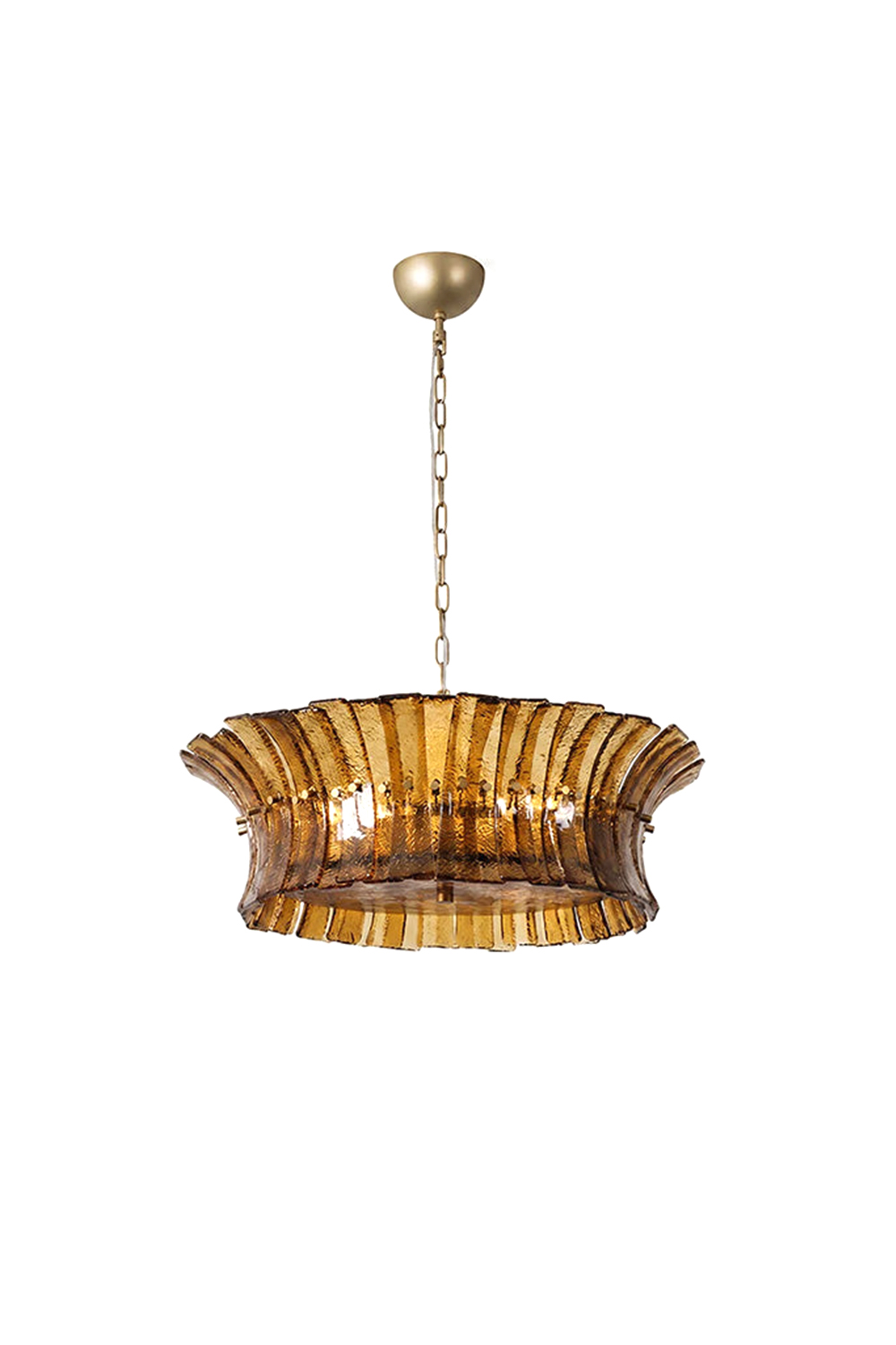 Octavia Sculptural Smoked Glass Chandelier | Smoked Glass, Brass | Isolated unlit view of a wide drum-shaped luxury chandelier featuring curved, textured amber-smoked glass panels arranged in a circular tier on a gold chain | White background | Samu Lamp