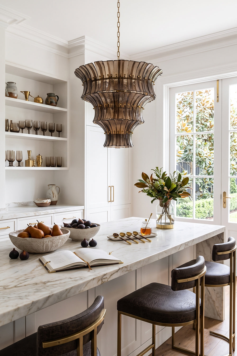 Octavia Sculptural Smoked Glass Chandelier | Home Office Lighting | Suspended as a sophisticated statement light in a refined home study above a large wood executive writing desk | Samu Lamp