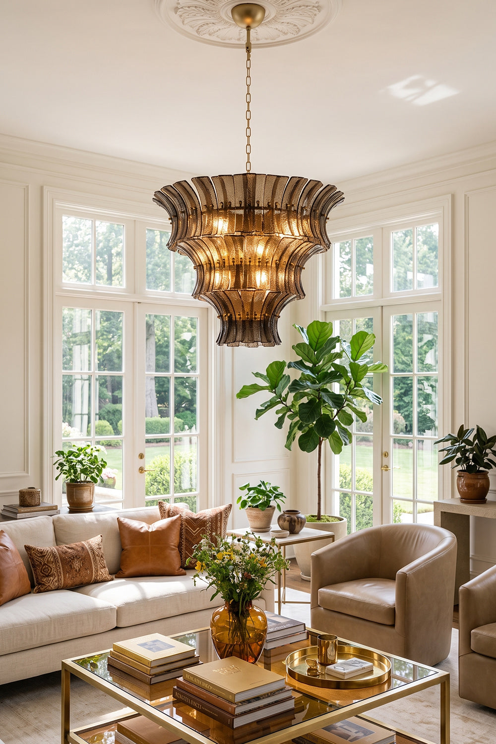 Octavia Sculptural Smoked Glass Chandelier | Luxury Kitchen Light | The multi-tiered conical smoked glass fixture illuminating a spacious kitchen island bar with dark counter stools | Samu Lamp