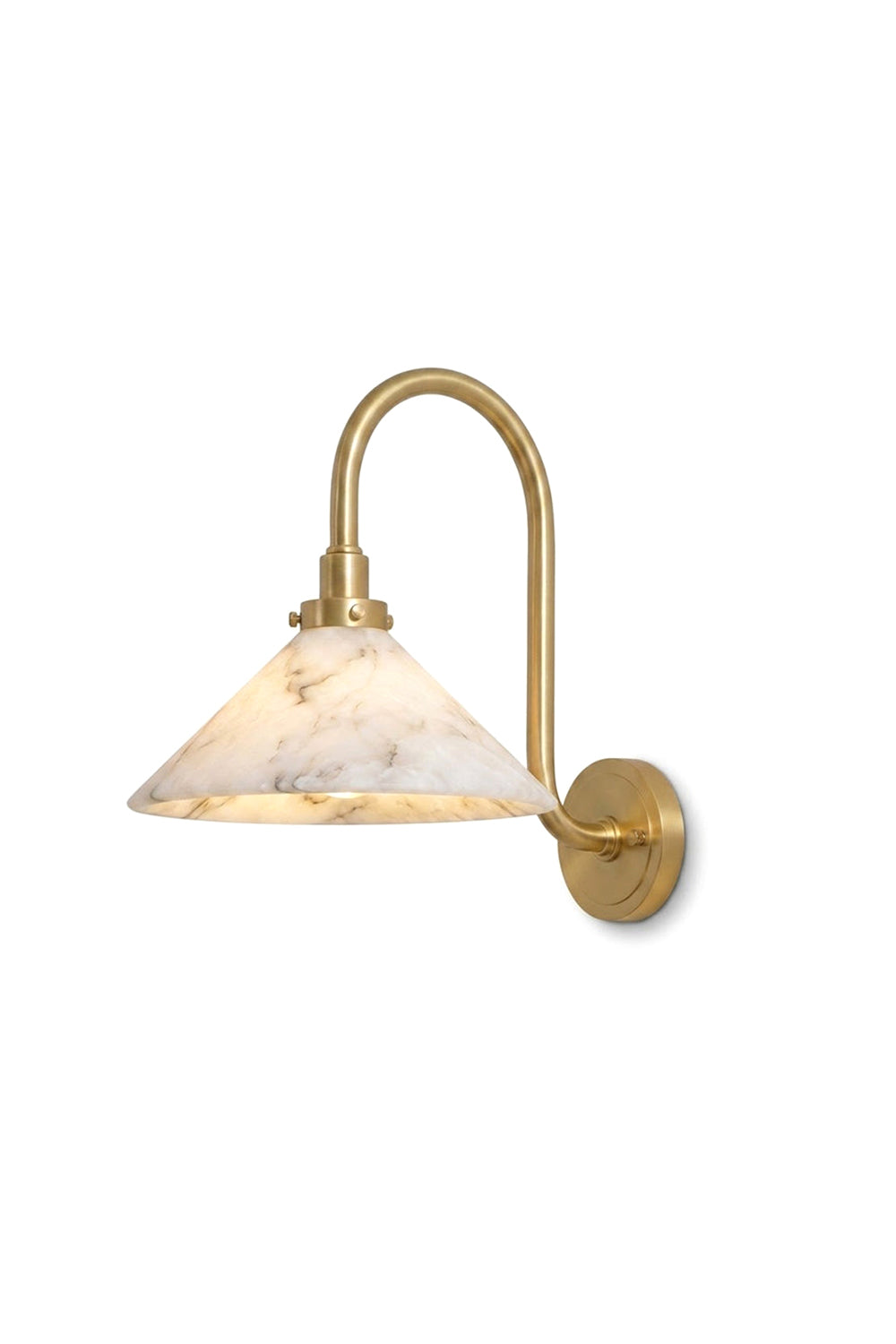 Odette Alabaster Curved Wall Sconce | Alabaster, Brass | Isolated product view of a luxury classical wall lamp featuring a conical white alabaster stone shade with grey veining, an arched brass gooseneck arm, and a round base | White background | Samu Lamp