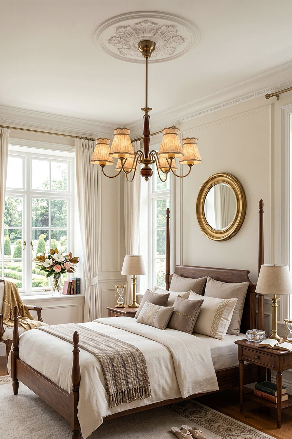 Odette Vintage Pleated Shaded Chandelier | Wood, Brass, Fabric | Providing warm ambient lighting over a four-poster wooden bed in a grand traditional bedroom with an ornate ceiling medallion | Samu Lamp