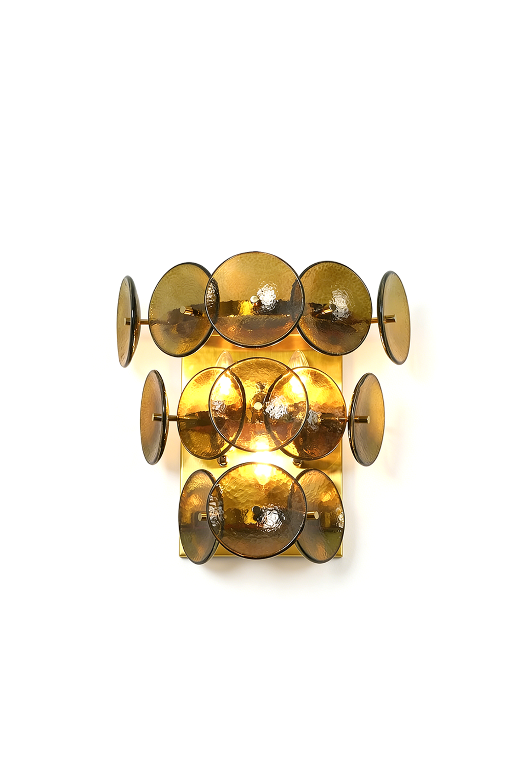 Tiered olive green hammered glass disc wall lamp with brass frame | Metal, Glass | Lit product shot | Samu Lamp