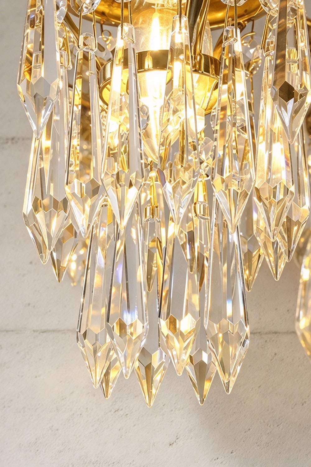Ondaine Brass Crystal Cluster Flush Mount Chandelier | Cut Crystal and Brass | Close-up view of sparkling clear crystal prism drops | Samu Lamp