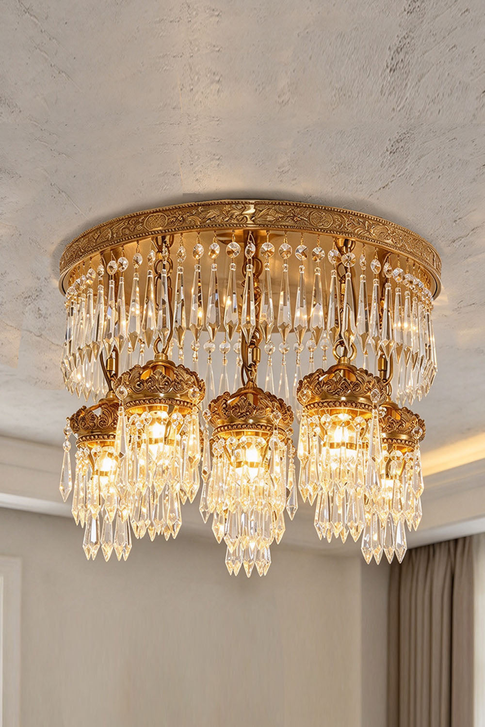 Ondaine Brass Crystal Cluster Flush Mount Chandelier | Cut Crystal and Brass | Real-life installation view illuminated near a white ceiling | Samu Lamp