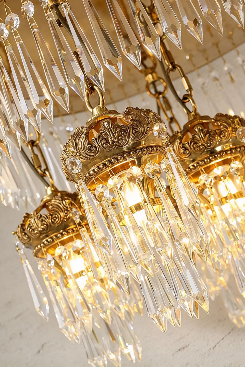 Ondaine Brass Crystal Cluster Flush Mount Chandelier | Cut Crystal and Brass | Bottom-up perspective view of the clustered crystal drop baskets | Samu Lamp