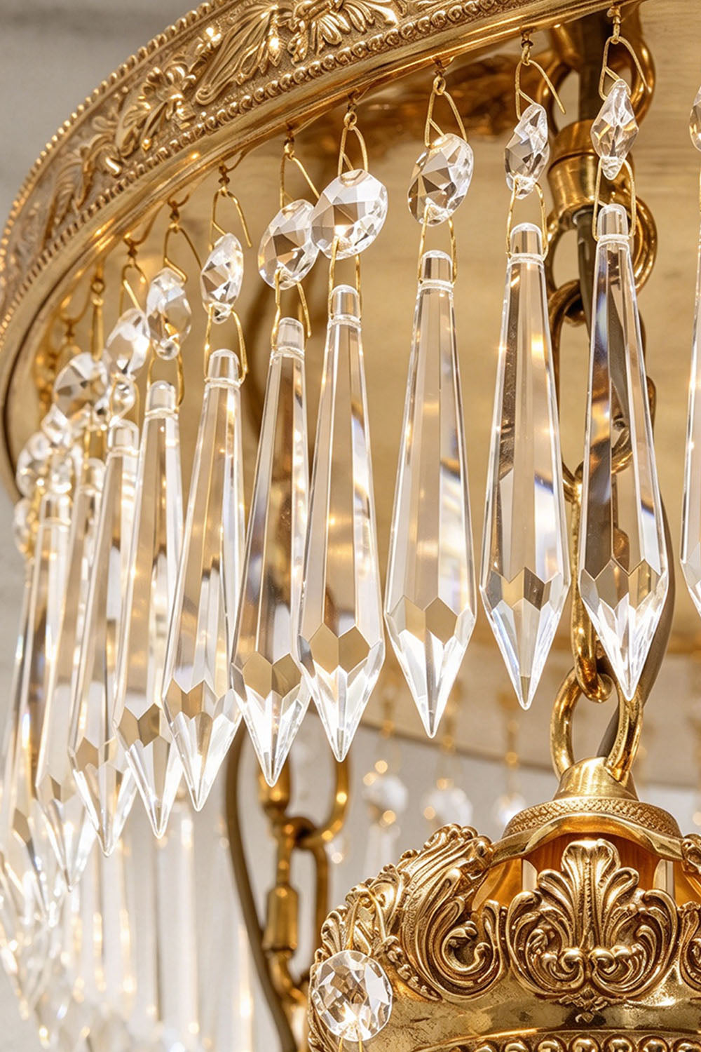 Ondaine Brass Crystal Cluster Flush Mount Chandelier | Cut Crystal and Brass | Macro close-up shot of clear crystal prisms hanging on a brass frame | Samu Lamp