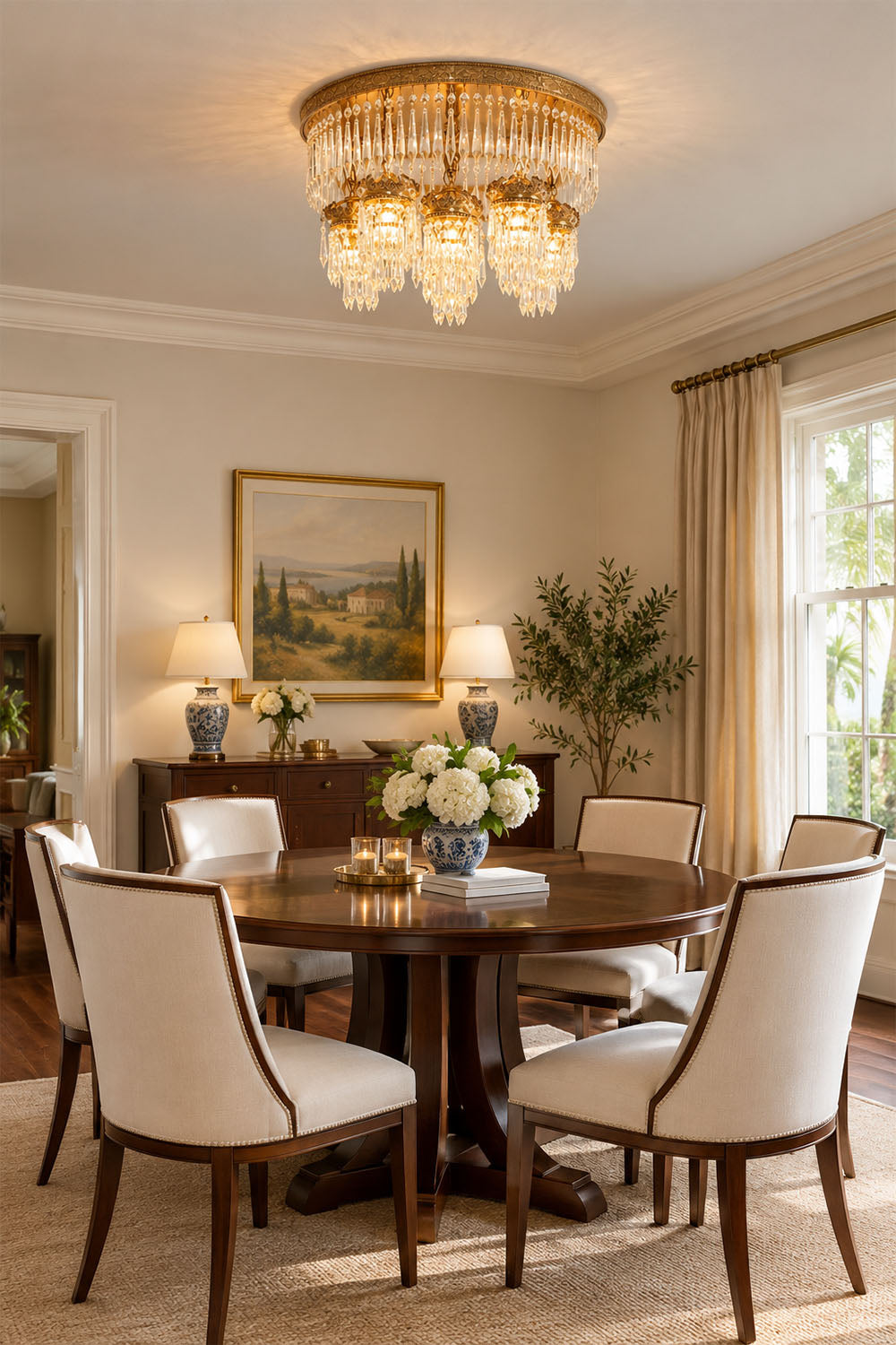 Ondaine Brass Crystal Cluster Flush Mount Chandelier | Cut Crystal and Brass | Suspended over a round dining table in a classic dining room | Samu Lamp