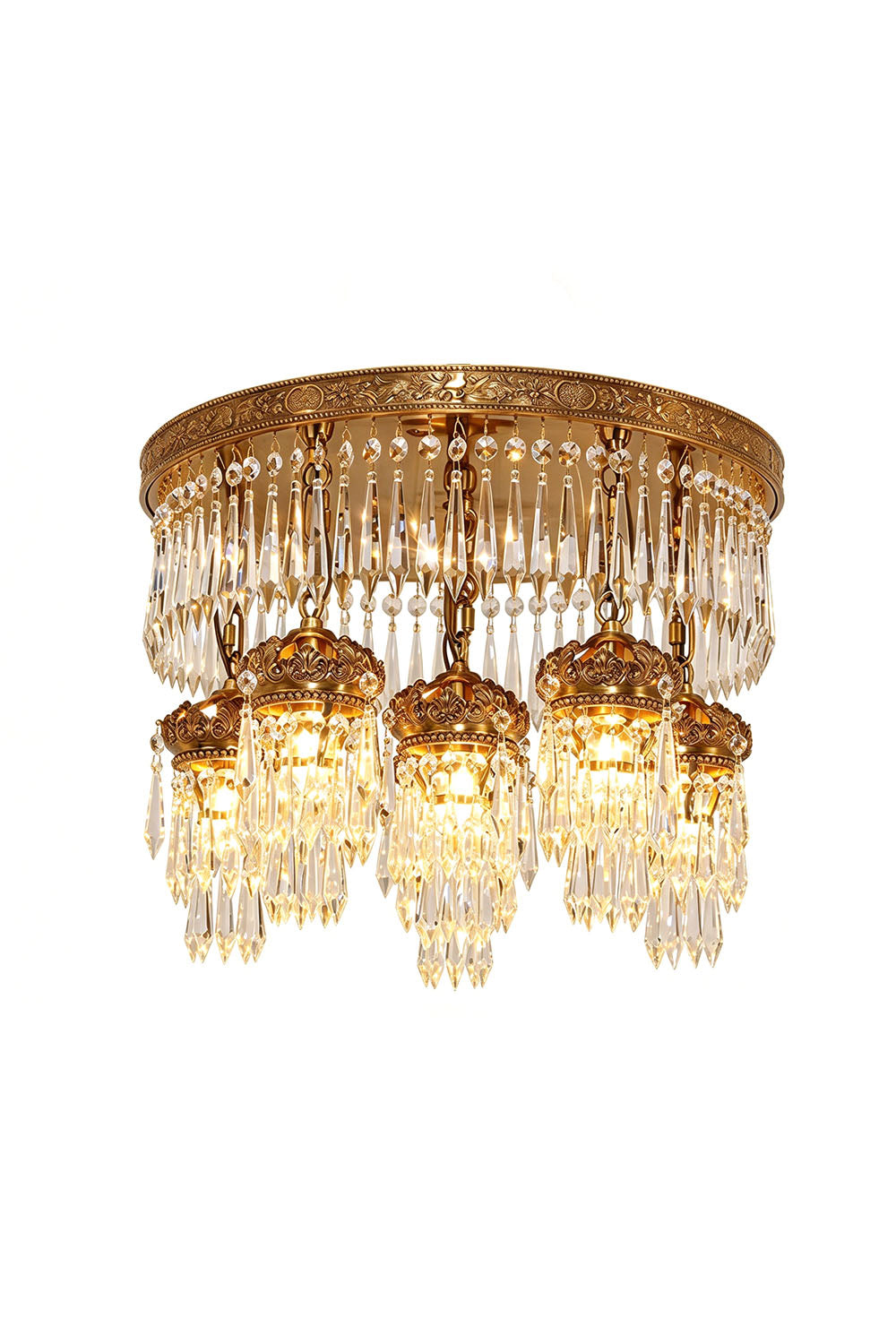 Ondaine Brass Crystal Cluster Flush Mount Chandelier | Cut Crystal and Brass | Front full view on a pure white background, illuminated | Samu Lamp