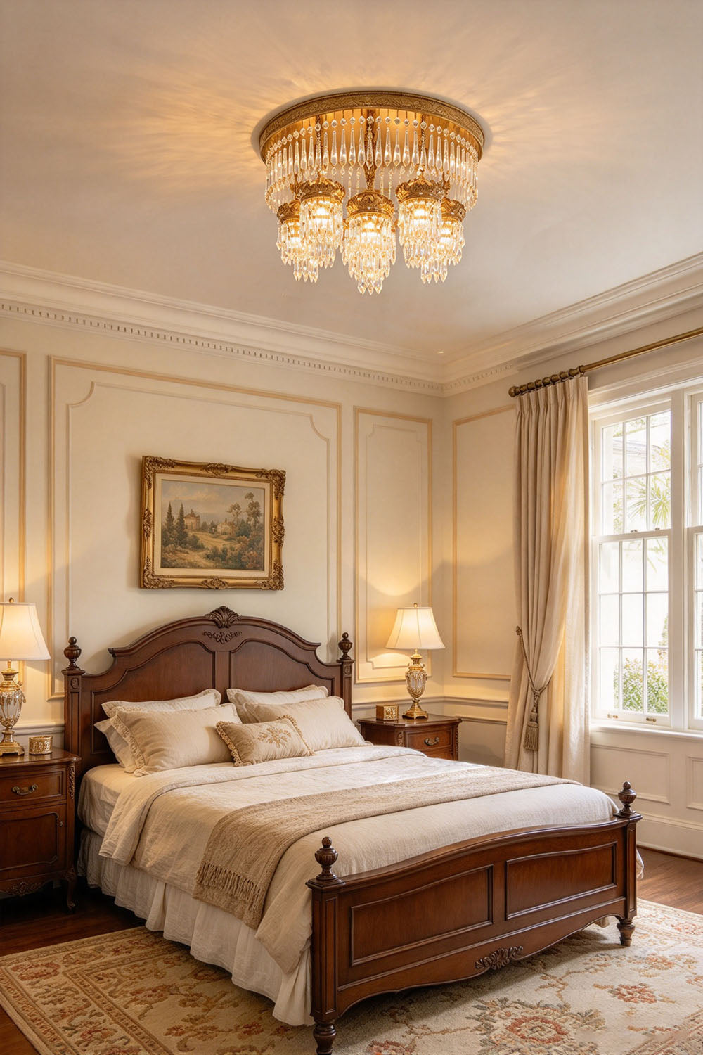 Ondaine Brass Crystal Cluster Flush Mount Chandelier | Cut Crystal and Brass | Mounted on the ceiling of a bedroom with a dark wooden bed frame | Samu Lamp