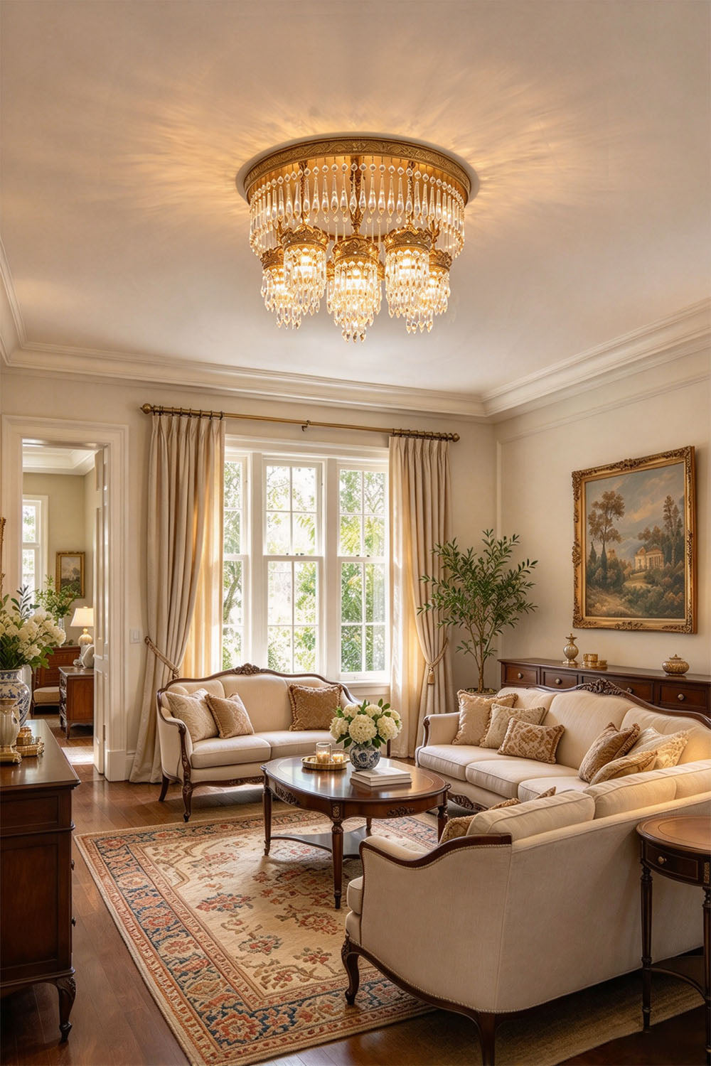 Ondaine Brass Crystal Cluster Flush Mount Chandelier | Cut Crystal and Brass | Displayed in a traditional living room with elegant furniture | Samu Lamp