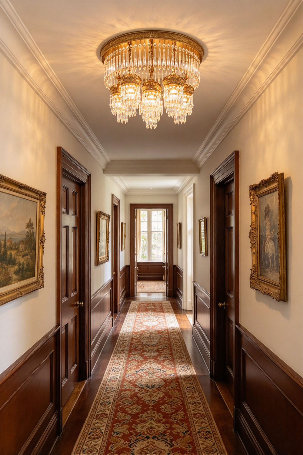 Ondaine Brass Crystal Cluster Flush Mount Chandelier | Cut Crystal and Brass | Installed along a grand hallway corridor above a runner rug | Samu Lamp