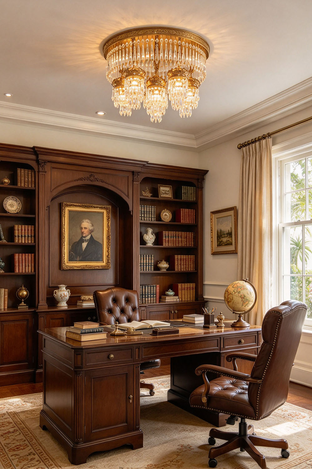 Ondaine Brass Crystal Cluster Flush Mount Chandelier | Cut Crystal and Brass | Lighting a home office study with a dark wood executive desk | Samu Lamp