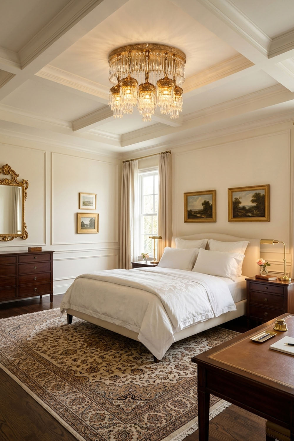 Ondaine Brass Crystal Cluster Flush Mount Chandelier | Cut Crystal and Brass | Styled in a bright master bedroom with white drapes and bedding | Samu Lamp