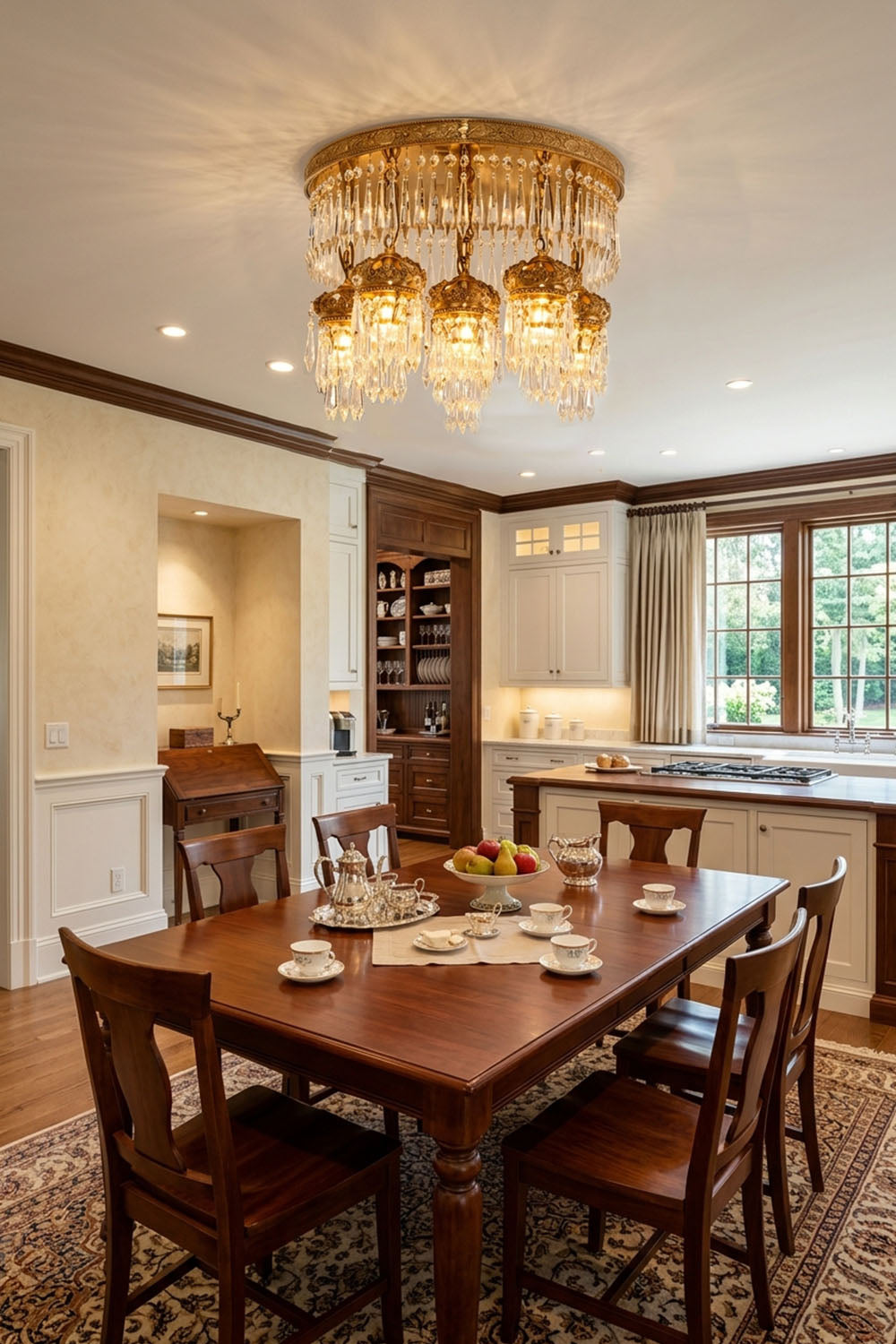 Ondaine Brass Crystal Cluster Flush Mount Chandelier | Cut Crystal and Brass | Positioned above a wooden dining table near an open kitchen | Samu Lamp
