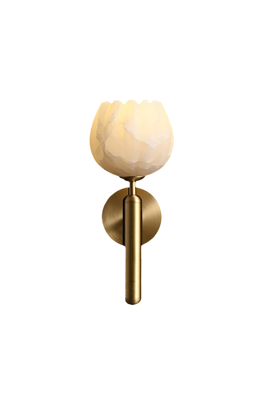 Ondine Alabaster Blossom Wall Sconce | Natural Alabaster and Brass | Isolated product view on a clean white background showing the fully illuminated tulip-shaped stone shade | Samu Lamp