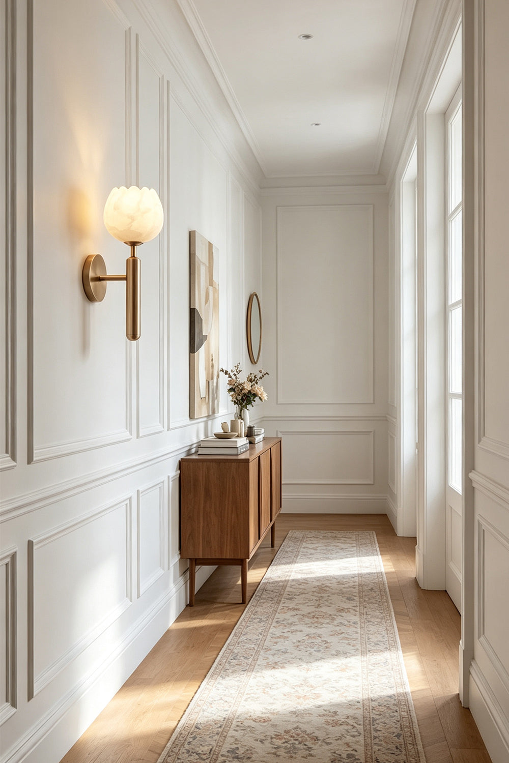 Ondine Alabaster Blossom Wall Sconce | Natural Alabaster and Brass | Styled along a bright minimalist hallway corridor panel above a modern wooden console cabinet | Samu Lamp