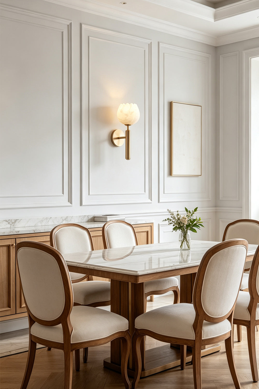 Ondine Alabaster Blossom Wall Sconce | Natural Alabaster and Brass | Mounted on a wall in an elegant dining room next to a wooden dining table and cream fabric chairs | Samu Lamp