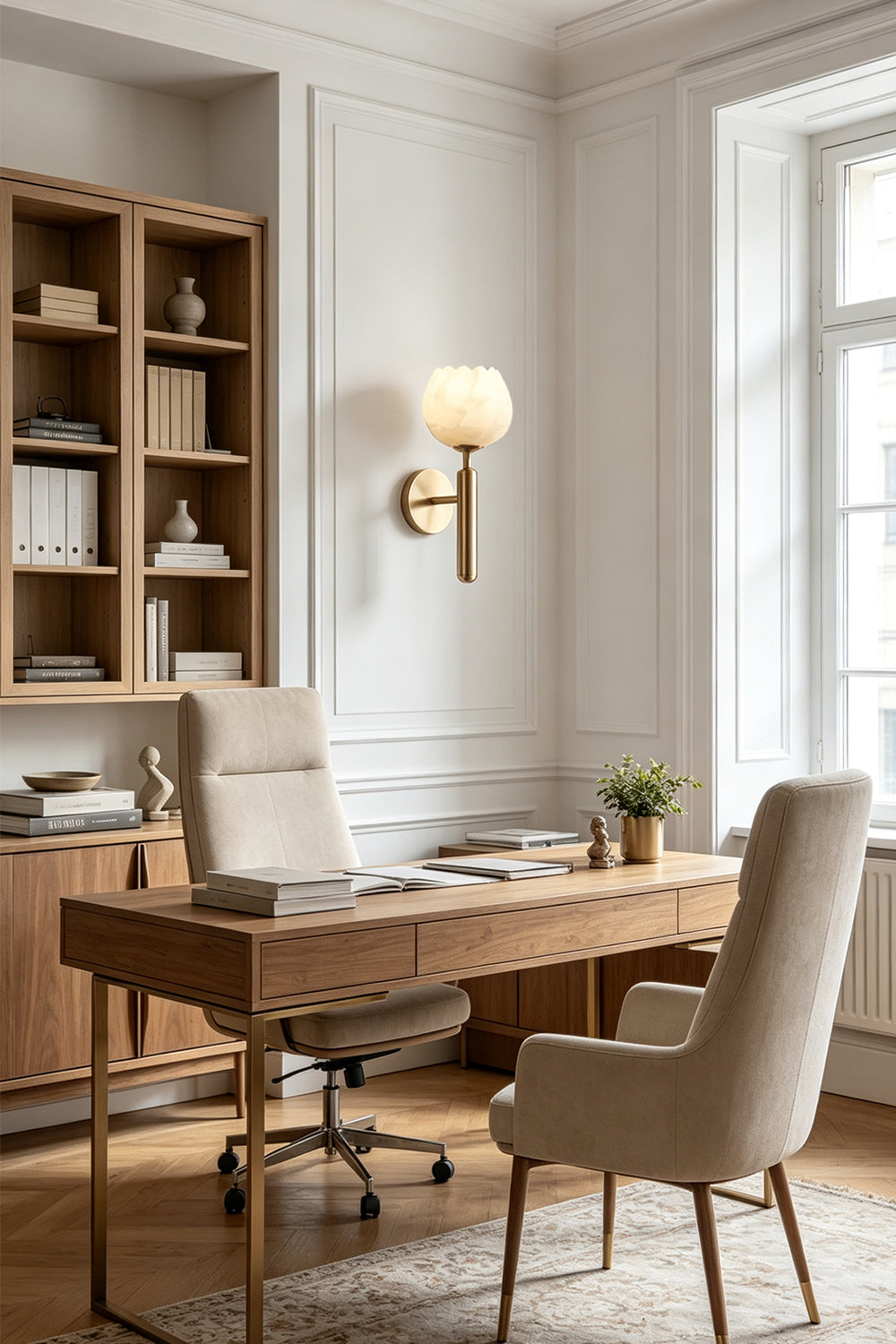Ondine Alabaster Blossom Wall Sconce | Natural Alabaster and Brass | Positioned in a sophisticated home office study room over a classic wooden desk and bookshelf | Samu Lamp