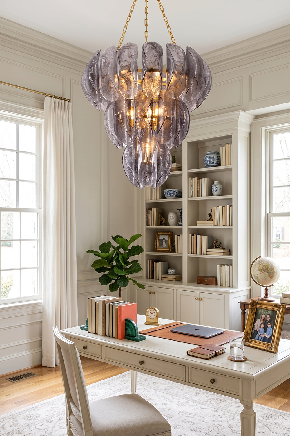 Ondine Cascading Leaf Glass Chandelier | Textured Smoked Glass and Gold Metal | Suspended in a bright home study area above a white desk with built-in open display bookshelves | Samu Lamp