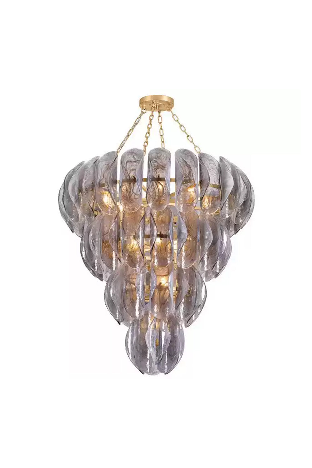 Ondine Cascading Leaf Glass Chandelier | Textured Smoked Glass and Gold Metal | Secondary standard studio product view isolated on a plain white background showing the full tiered shape | Samu Lamp