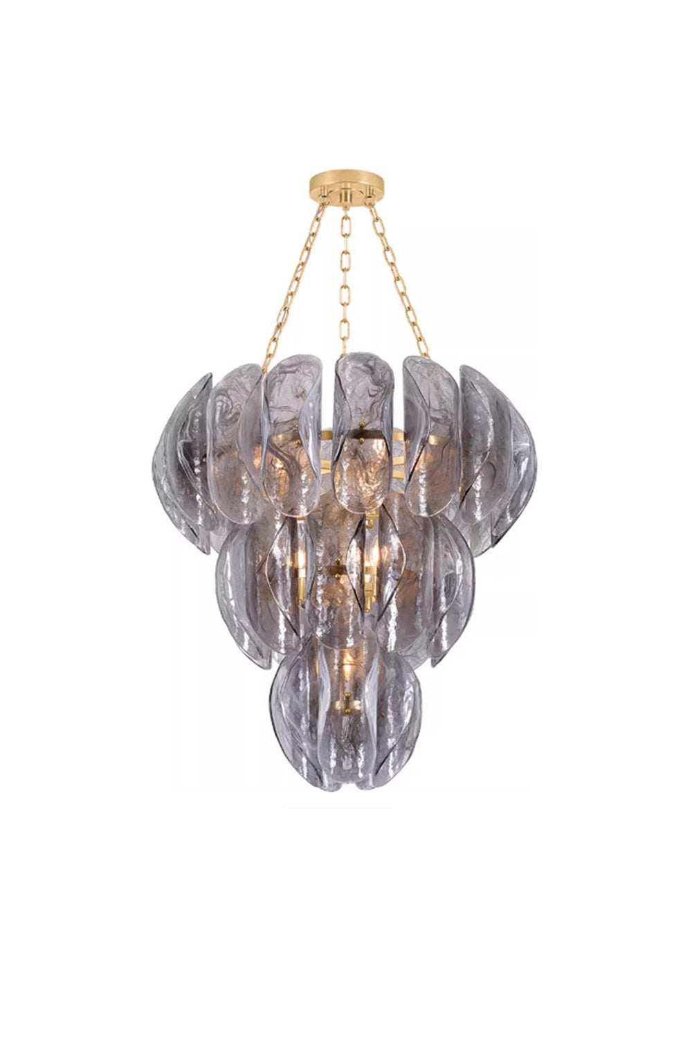 Ondine Cascading Leaf Glass Chandelier | Textured Smoked Glass and Gold Metal | Full front view of the luxury multi-tiered light fixture glowing against a pure white background | Samu Lamp