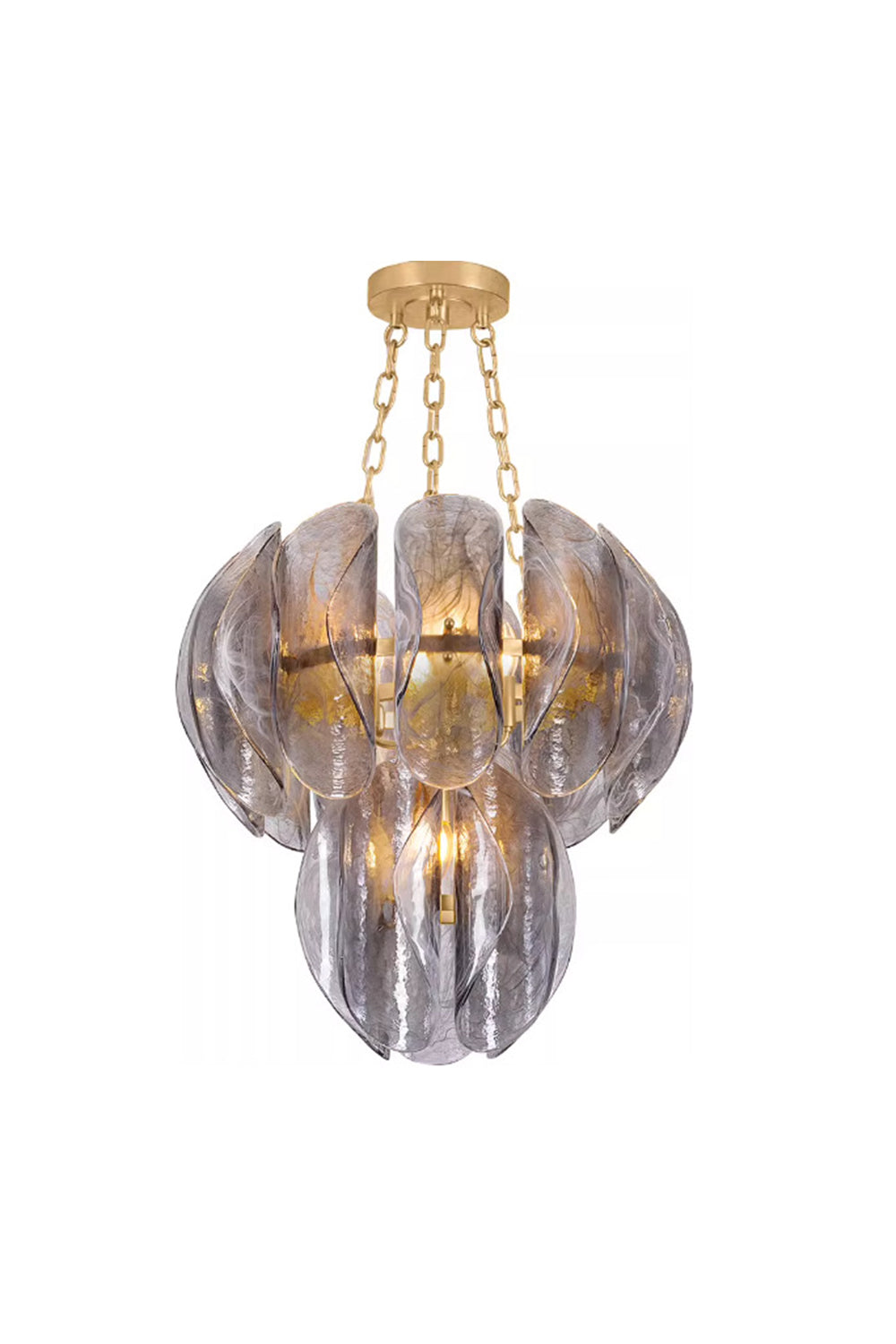 Ondine Cascading Leaf Glass Chandelier | Textured Smoked Glass and Gold Metal | Full view of the sculptural cascading chandelier hanging from a gold chain against a white background | Samu Lamp
