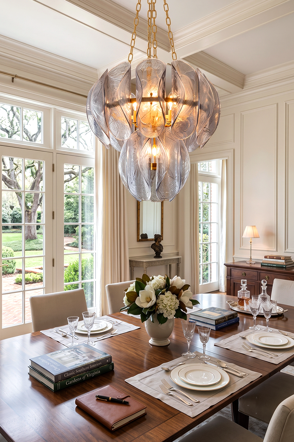Ondine Cascading Leaf Glass Chandelier | Textured Smoked Glass and Gold Metal | Hanging above a beautifully set wooden dining table in a grand dining room with large French doors | Samu Lamp