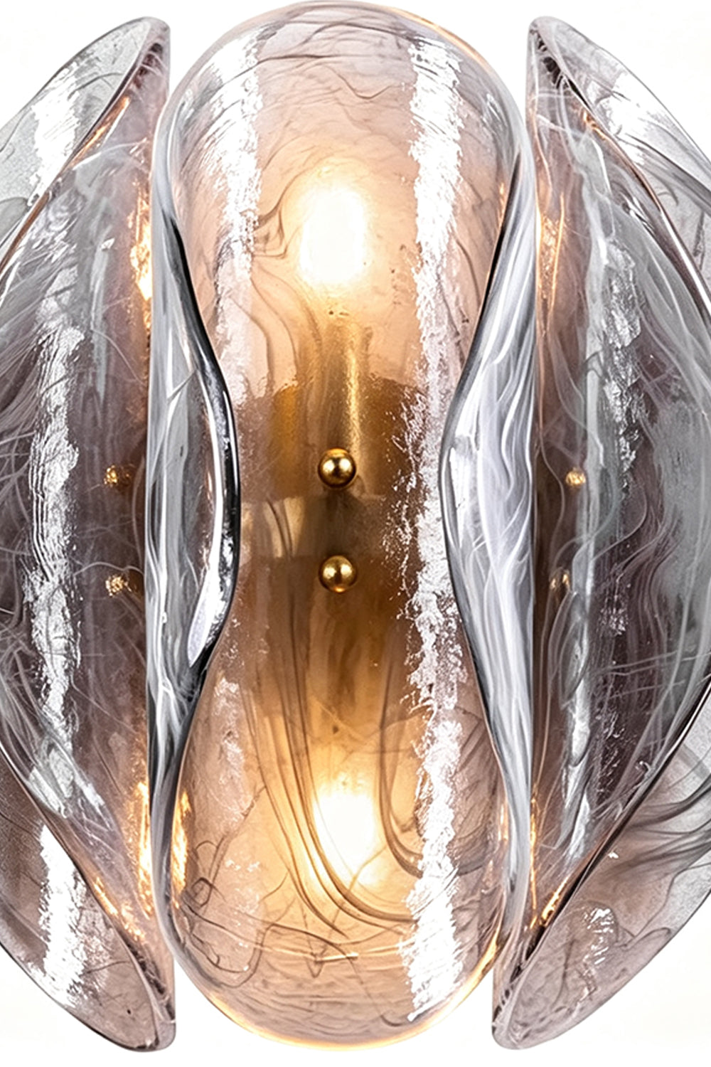 Ondine Cascading Leaf Glass Chandelier | Textured Smoked Glass and Gold Metal | Close-up detail view of the textured leaf-shaped glass panels with warm bulbs glowing between them | Samu Lamp
