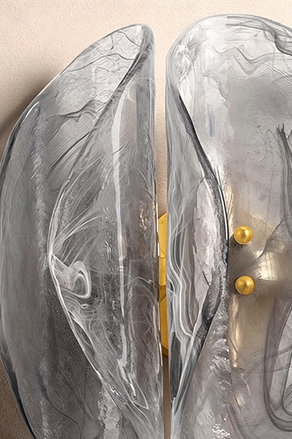 Ondine Cascading Leaf Glass Chandelier | Textured Smoked Glass and Gold Metal | Macro shot highlighting the intricate ribbed texture and organic curved edges of the frosted glass leaves | Samu Lamp