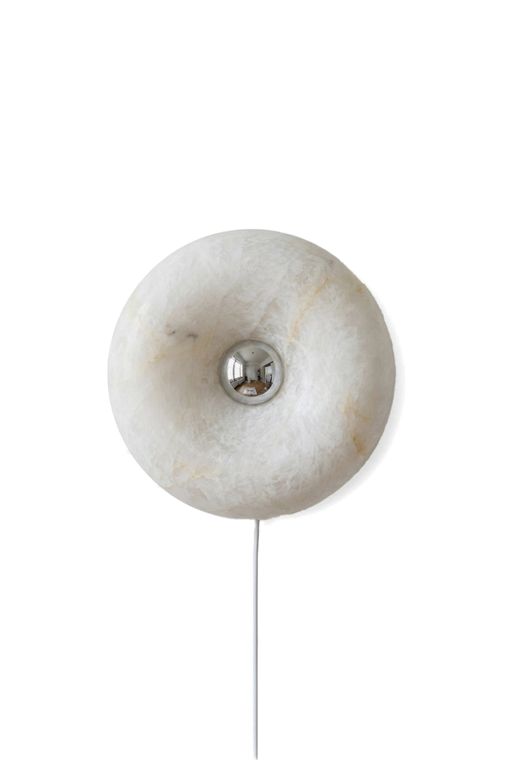Ondine Ring Alabaster Wall Sconce with smooth alabaster design and reflective center on a white background.