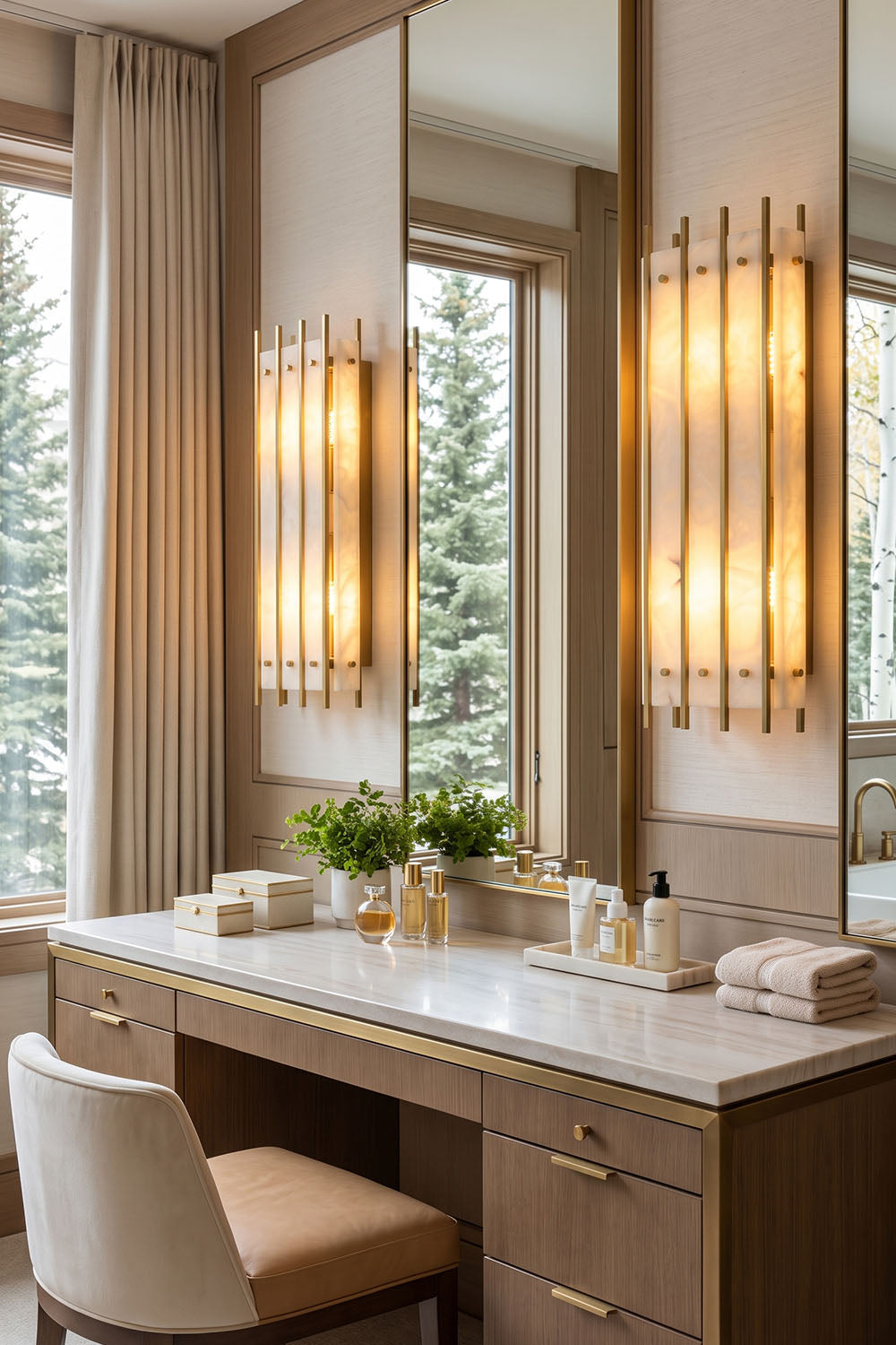 Ondrelle Bar Wall Sconce | Alabaster and Brass | Symmetrical pair flanking a makeup mirror in vanity room | Samu Lamp