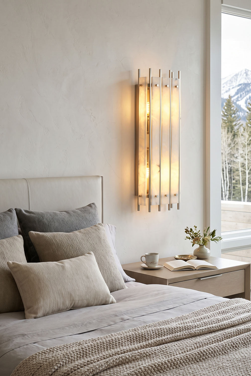 Ondrelle Bar Wall Sconce | Alabaster and Brass | Bedside reading sconce in a luxury snowy mountain bedroom | Samu Lamp