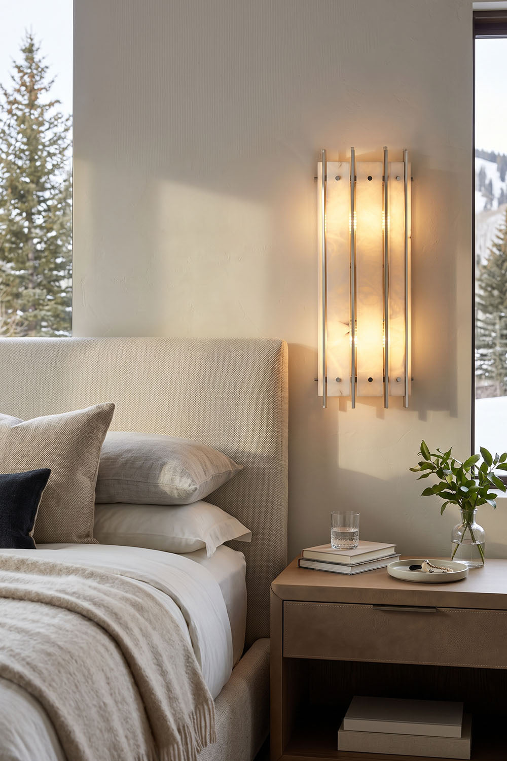 Ondrelle Bar Wall Sconce | Alabaster and Brass | Bedside wall-mounted installation above a wooden nightstand | Samu Lamp