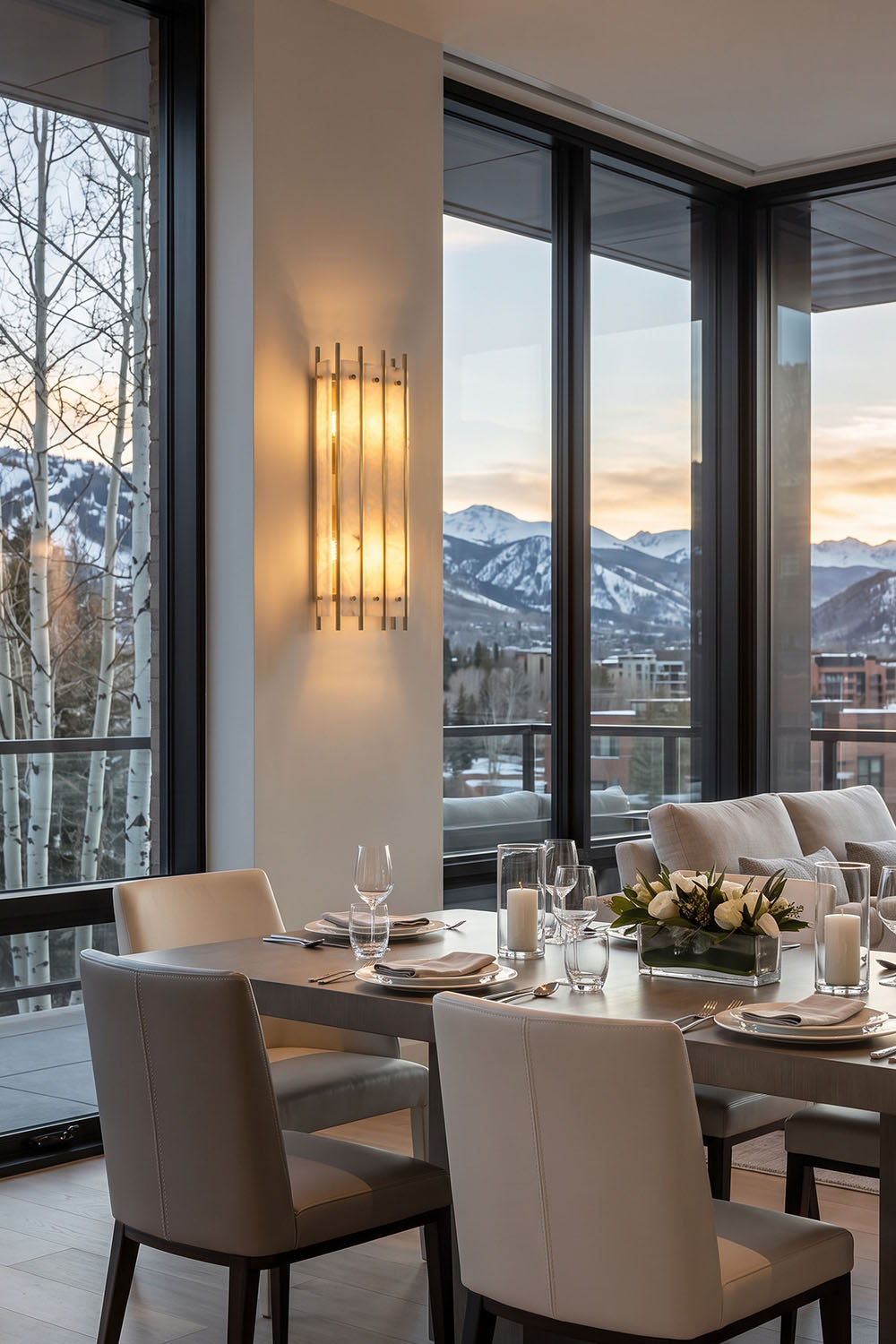 Ondrelle Bar Wall Sconce | Alabaster and Brass | Installed in a dining room with large mountain-view windows | Samu Lamp