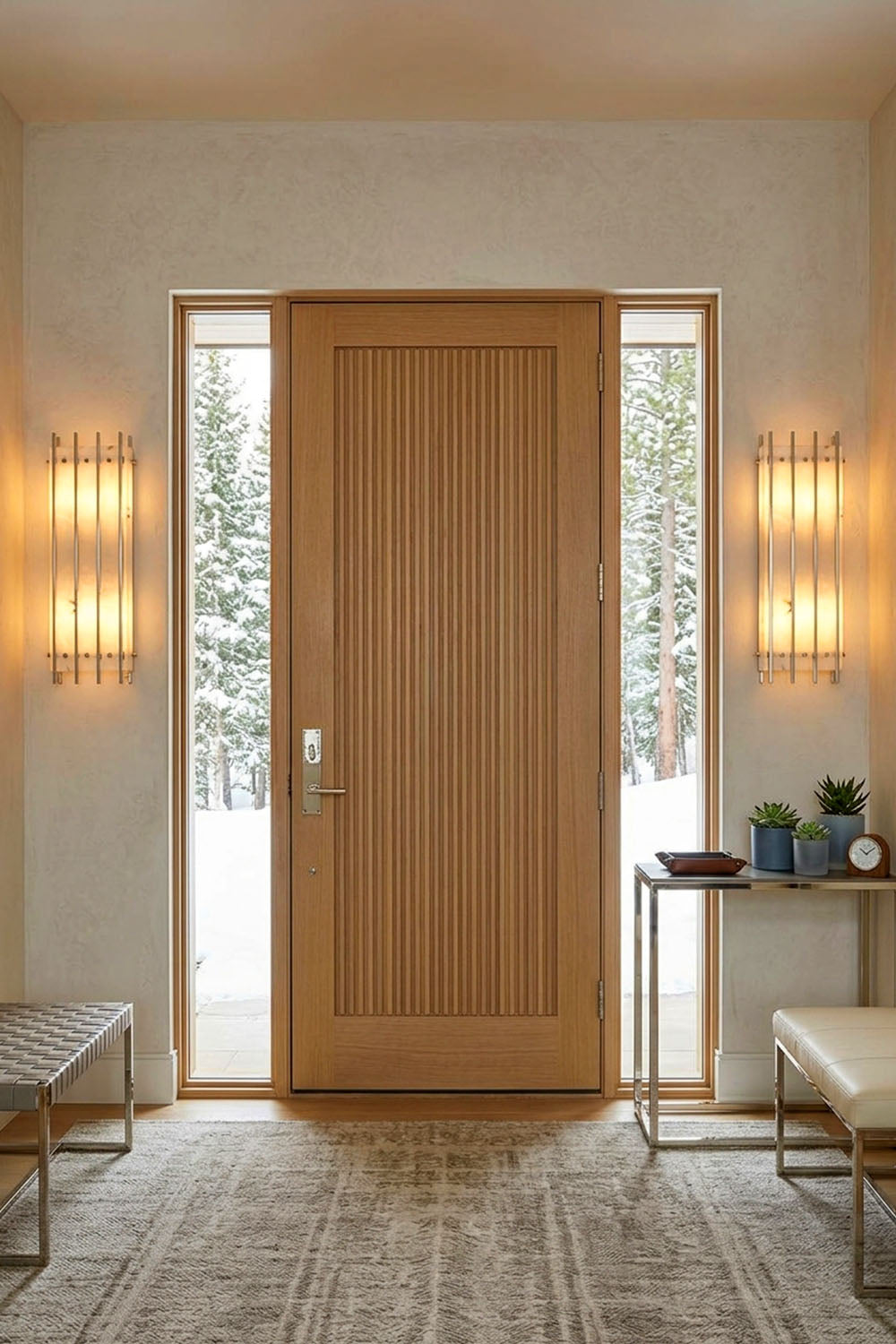 Ondrelle Bar Wall Sconce | Alabaster and Brass | Symmetrical pair flanking an oak front door in the foyer | Samu Lamp