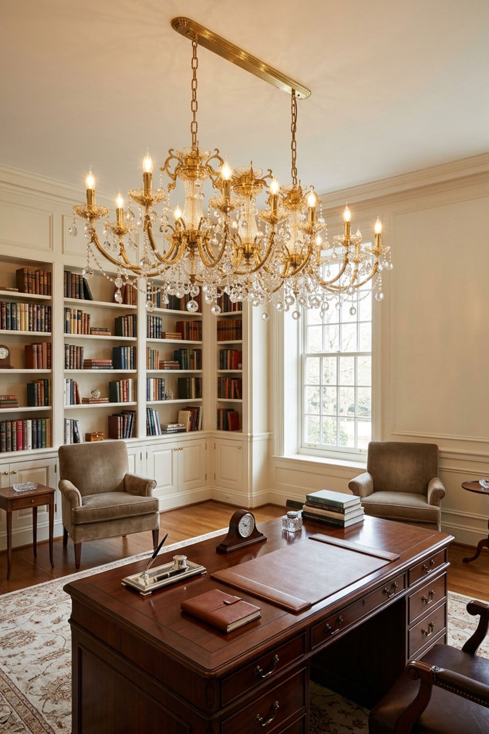 Orbessan Brass Crystal Oval Candle Chandelier | Cut Crystal and Brass | Displayed in a traditional home office library over an executive desk | Samu Lamp